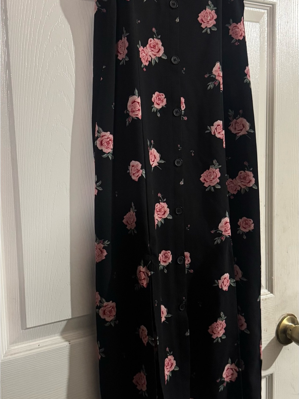 H&M Black Maxi Skirt with Pink Rose Print and Button Front Detail